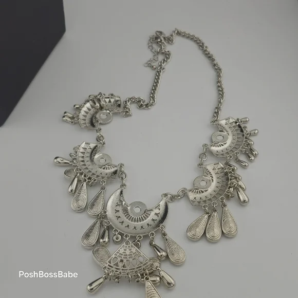 Boho Statement Necklace with Silver-Tone Crescent Medallions – 20-23" Length - Picture 12 of 12